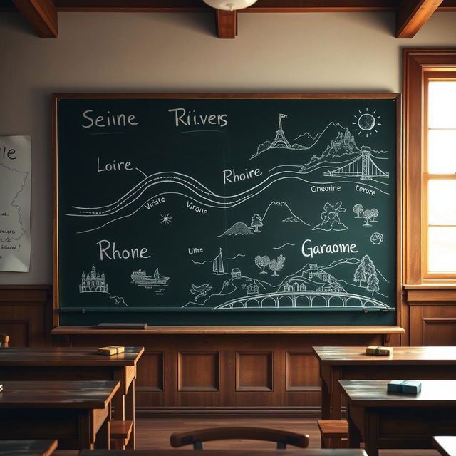 A detailed chalkboard in an old-fashioned schoolhouse showing the four major rivers of France: the Seine, Loire, Rhône, and Garonne