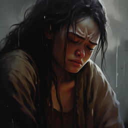 Illustrate a poignant scene of a character displaying signs of weariness with a bowed head, lowered eyes and shoulders falling like teardrops, accompanied by the ambiance of soulful cries.