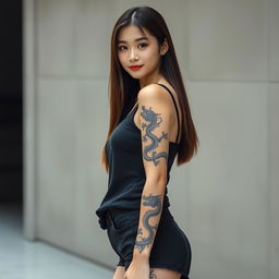 A beautiful Korean woman wearing a black tank top and black shorts, with long straight hair
