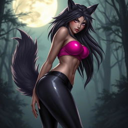 A captivating female werewolf character with a fierce yet alluring demeanor