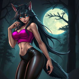 A captivating female werewolf character with a fierce yet alluring demeanor