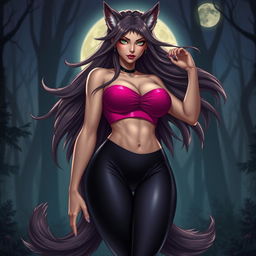 A captivating female werewolf character with a fierce yet alluring demeanor