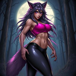 A captivating female werewolf character with a fierce yet alluring demeanor