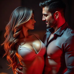 A sensual scene featuring a sexy couple deeply engaged in a romantic moment
