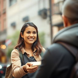A medium shot of a young woman named Tyla smiling brightly as she hands over a package to someone just out of frame
