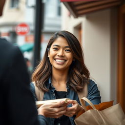 A medium shot of a young woman named Tyla smiling brightly as she hands over a package to someone just out of frame