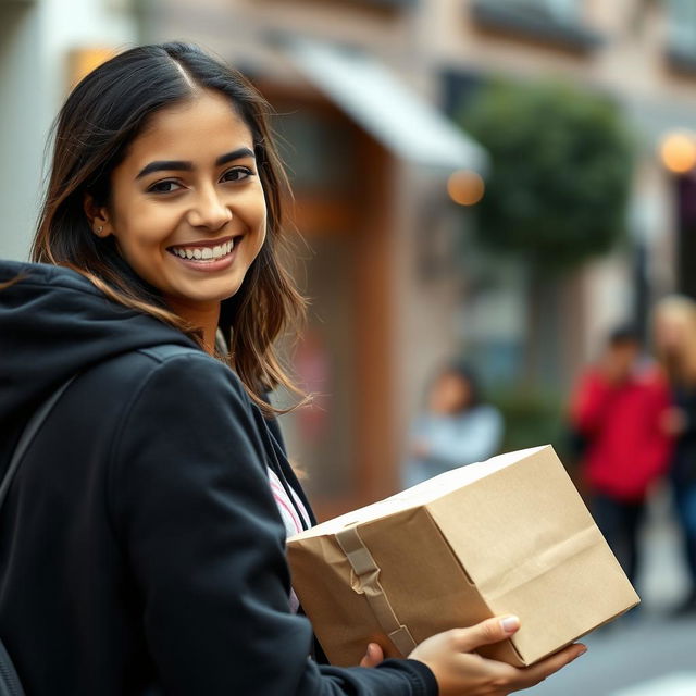 A medium shot of a young woman named Tyla smiling brightly as she hands over a package to someone just out of frame