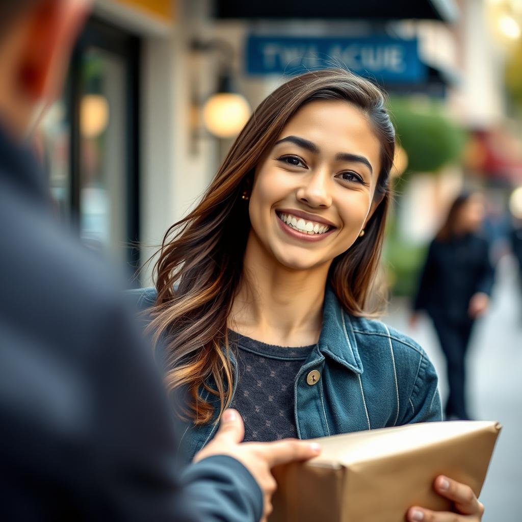 A medium shot of a young woman named Tyla smiling brightly as she hands over a package to someone just out of frame