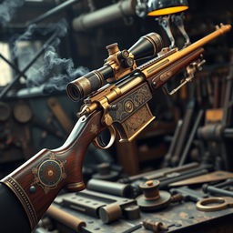 A beautifully designed steampunk sniper rifle, showcasing intricate brass and copper details, gears and steam pipes elegantly integrated into the design