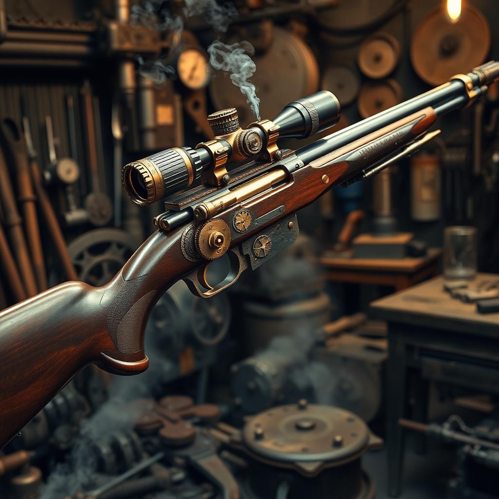 A beautifully designed steampunk sniper rifle, showcasing intricate brass and copper details, gears and steam pipes elegantly integrated into the design