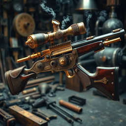 A beautifully designed steampunk sniper rifle, showcasing intricate brass and copper details, gears and steam pipes elegantly integrated into the design