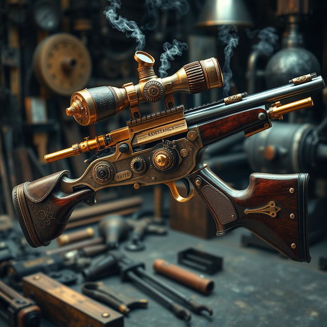 A beautifully designed steampunk sniper rifle, showcasing intricate brass and copper details, gears and steam pipes elegantly integrated into the design