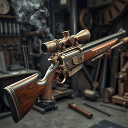 A beautifully designed steampunk sniper rifle, showcasing intricate brass and copper details, gears and steam pipes elegantly integrated into the design