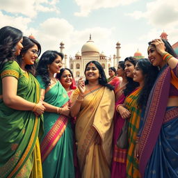 A powerful and inspirational scene depicting Indian women from various backgrounds gathered together, celebrating women's empowerment