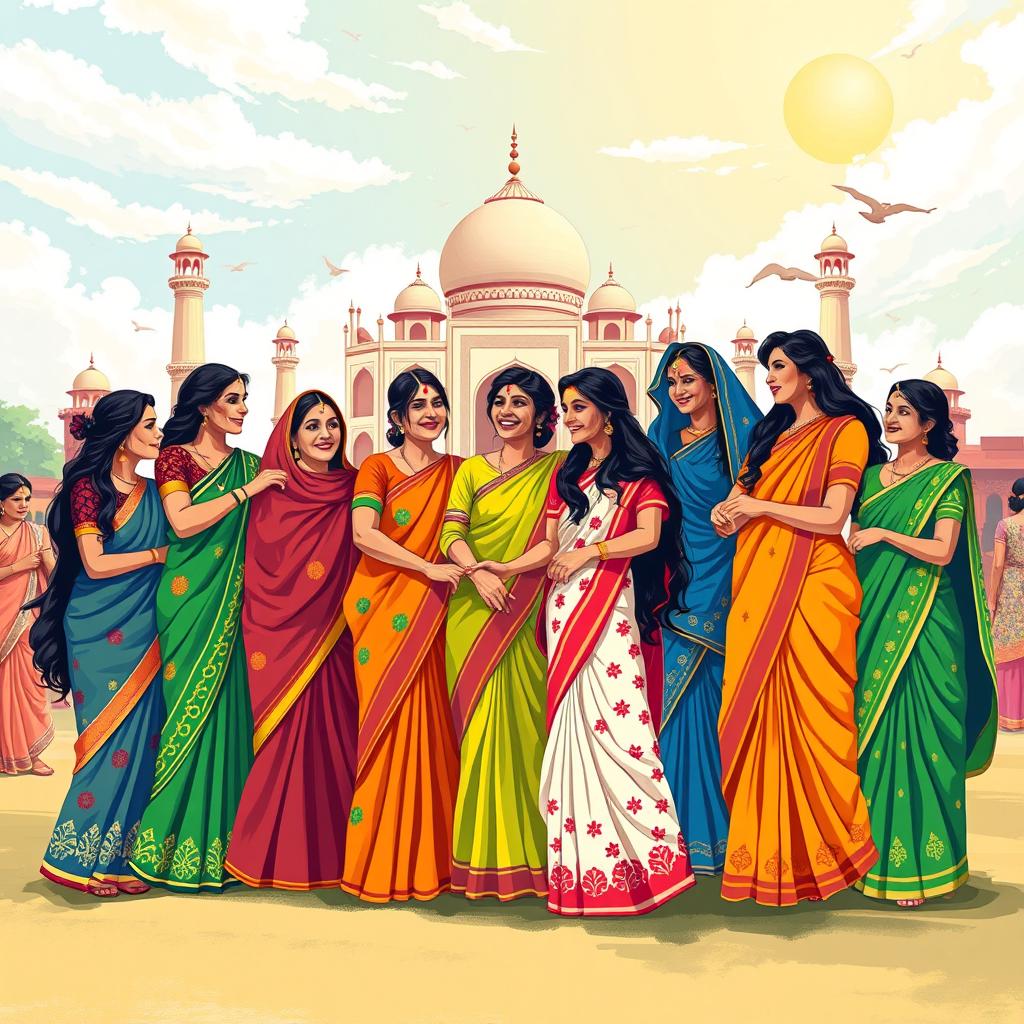 A powerful and inspirational scene depicting Indian women from various backgrounds gathered together, celebrating women's empowerment