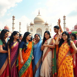A powerful and inspirational scene depicting Indian women from various backgrounds gathered together, celebrating women's empowerment