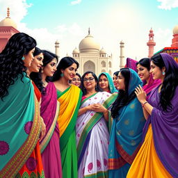 A powerful and inspirational scene depicting Indian women from various backgrounds gathered together, celebrating women's empowerment