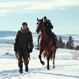 A scene depicting a tied hands prisoner dressed in rugged, cold-weather clothing, walking on foot through a snowy plateau