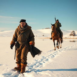 A scene depicting a tied hands prisoner dressed in rugged, cold-weather clothing, walking on foot through a snowy plateau