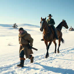 A scene depicting a tied hands prisoner dressed in rugged, cold-weather clothing, walking on foot through a snowy plateau