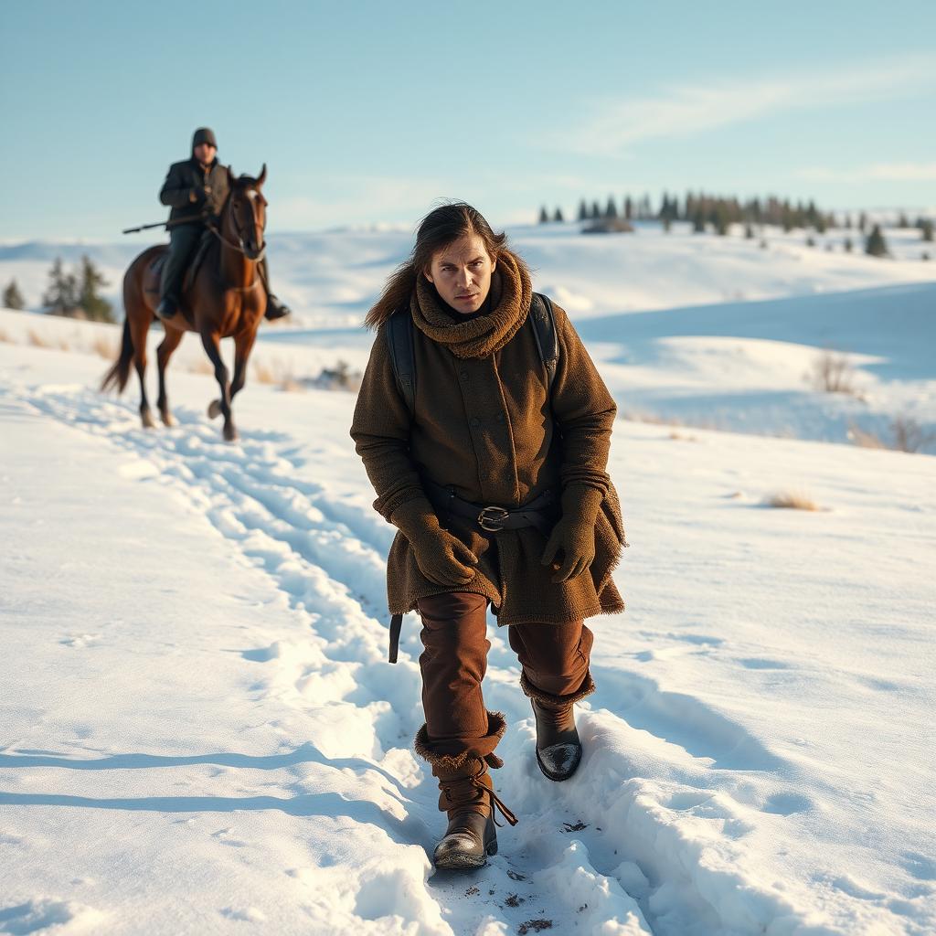 A scene depicting a tied hands prisoner dressed in rugged, cold-weather clothing, walking on foot through a snowy plateau