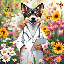 A charming anthropomorphic dog dressed as a doctor, wearing a white lab coat and stethoscope, surrounded by a vibrant array of colorful flowers