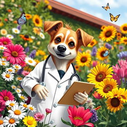 A charming anthropomorphic dog dressed as a doctor, wearing a white lab coat and stethoscope, surrounded by a vibrant array of colorful flowers