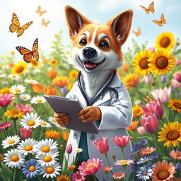 A charming anthropomorphic dog dressed as a doctor, wearing a white lab coat and stethoscope, surrounded by a vibrant array of colorful flowers
