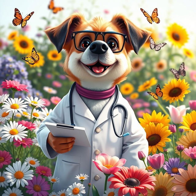 A charming anthropomorphic dog dressed as a doctor, wearing a white lab coat and stethoscope, surrounded by a vibrant array of colorful flowers