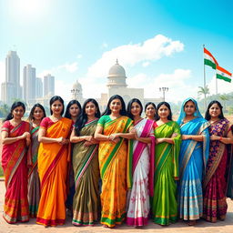 A vibrant and empowering scene featuring Indian women from various regions and cultures, standing together in a show of strength and solidarity