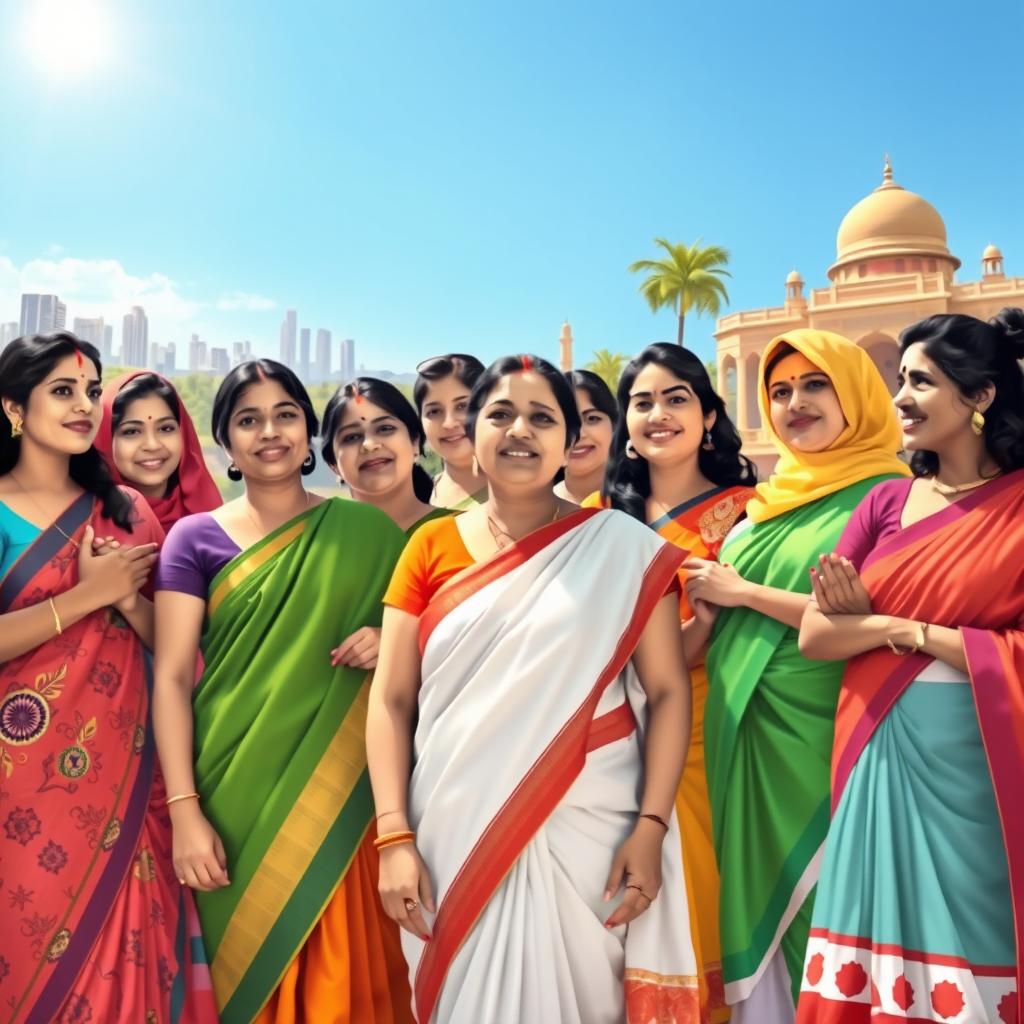 A vibrant and empowering scene featuring Indian women from various regions and cultures, standing together in a show of strength and solidarity