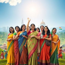 A vibrant and empowering scene featuring Indian women from various regions and cultures, standing together in a show of strength and solidarity