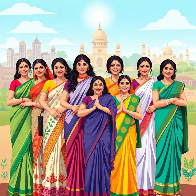 A vibrant and empowering scene featuring Indian women from various regions and cultures, standing together in a show of strength and solidarity