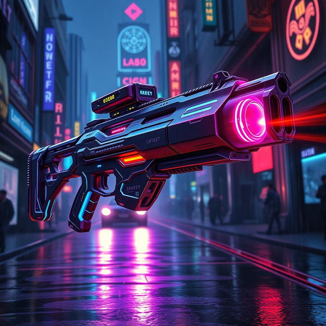 A futuristic cyberpunk minigun, featuring a sleek, angular design with neon accents and a vibrant color scheme of electric blues and purples