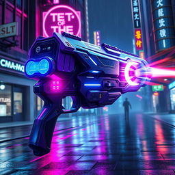 A futuristic cyberpunk minigun, featuring a sleek, angular design with neon accents and a vibrant color scheme of electric blues and purples