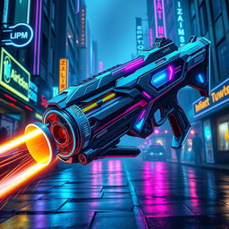 A futuristic cyberpunk minigun, featuring a sleek, angular design with neon accents and a vibrant color scheme of electric blues and purples
