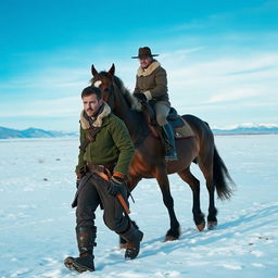 A dramatic scene depicting a criminal with bound hands walking on foot alongside a police officer on horseback in a snowy plateau