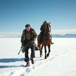 A dramatic scene depicting a criminal with bound hands walking on foot alongside a police officer on horseback in a snowy plateau