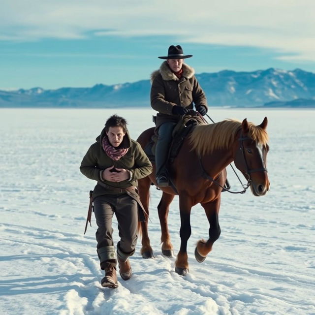 A dramatic scene depicting a criminal with bound hands walking on foot alongside a police officer on horseback in a snowy plateau