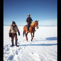 A dramatic scene depicting a criminal with bound hands walking on foot alongside a police officer on horseback in a snowy plateau