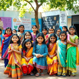 A heartwarming scene showcasing a diverse group of young Indian girls empowered and engaged in various activities