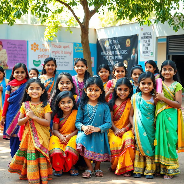 A heartwarming scene showcasing a diverse group of young Indian girls empowered and engaged in various activities