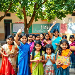 A heartwarming scene showcasing a diverse group of young Indian girls empowered and engaged in various activities