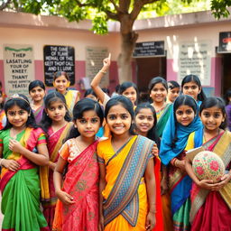 A heartwarming scene showcasing a diverse group of young Indian girls empowered and engaged in various activities