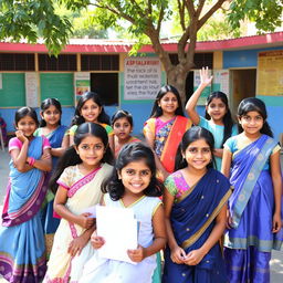 A heartwarming scene showcasing a diverse group of young Indian girls empowered and engaged in various activities