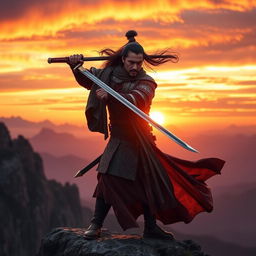 A human warrior in medieval armor wielding a beautifully crafted katana sword, standing atop a rocky cliff with a breathtaking sunset in the background