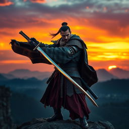 A human warrior in medieval armor wielding a beautifully crafted katana sword, standing atop a rocky cliff with a breathtaking sunset in the background
