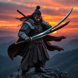 A human warrior in medieval armor wielding a beautifully crafted katana sword, standing atop a rocky cliff with a breathtaking sunset in the background