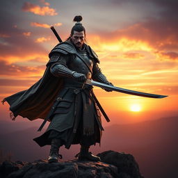 A human warrior in medieval armor wielding a beautifully crafted katana sword, standing atop a rocky cliff with a breathtaking sunset in the background