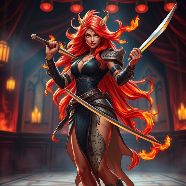 A fierce and confident female fire genasi bard, standing elegantly in a dynamic pose, wielding a sleek rapier